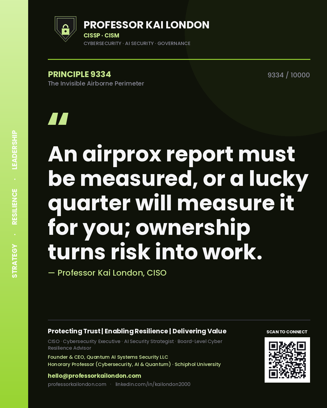 Professor Kai London principle 9334: An airprox report must be measured, or a lucky quarter will measure it for you; ownership turns risk into work.