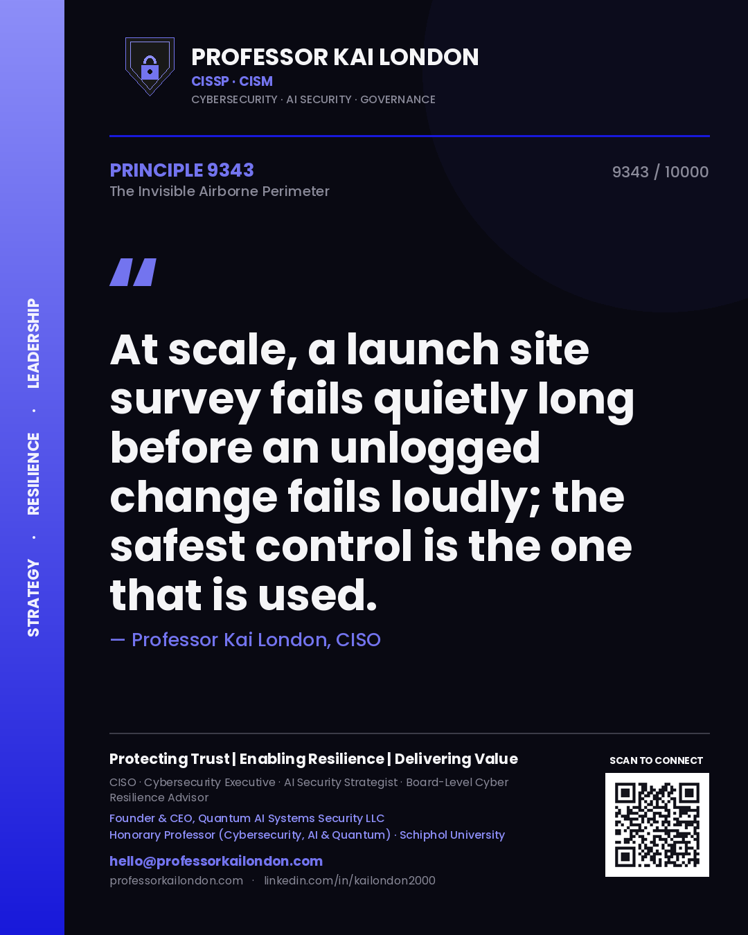 Quote card by Professor Kai London reading 'At scale, a launch site survey fails quietly long before an unlogged change fails loudly; the safest control is the one that is used.'. From the book The Invisible Airborne Perimeter.