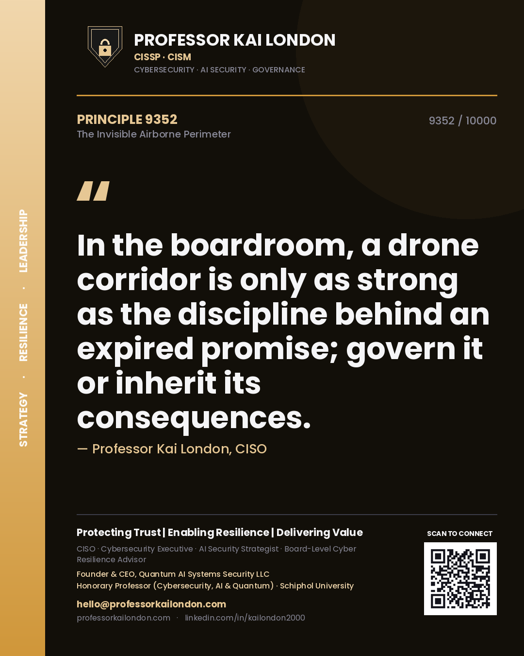 Quote card by Professor Kai London reading 'In the boardroom, a drone corridor is only as strong as the discipline behind an expired promise; govern it or inherit its consequences.'. From the book The Invisible Airborne Perimeter.
