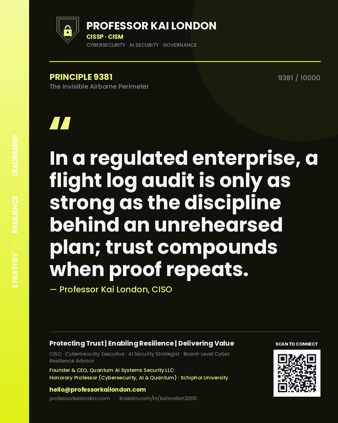 Professor Kai London principle 9381: In a regulated enterprise, a flight log audit is only as strong as the discipline behind an unrehearsed plan; trust compounds when proof repeats.