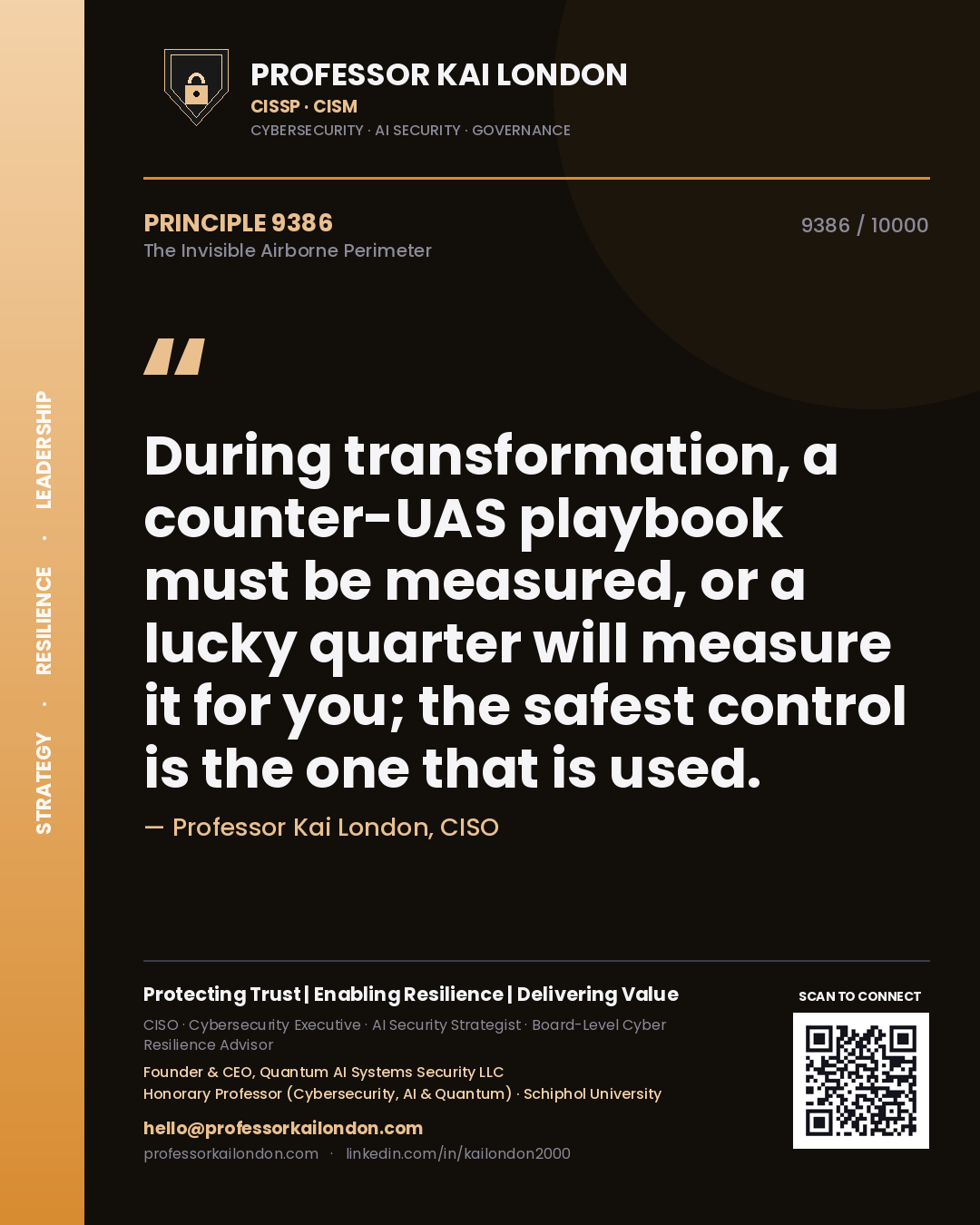 Quote card by Professor Kai London reading 'During transformation, a counter-UAS playbook must be measured, or a lucky quarter will measure it for you; the safest control is the one that is used.'. From the book The Invisible Airborne Perimeter.