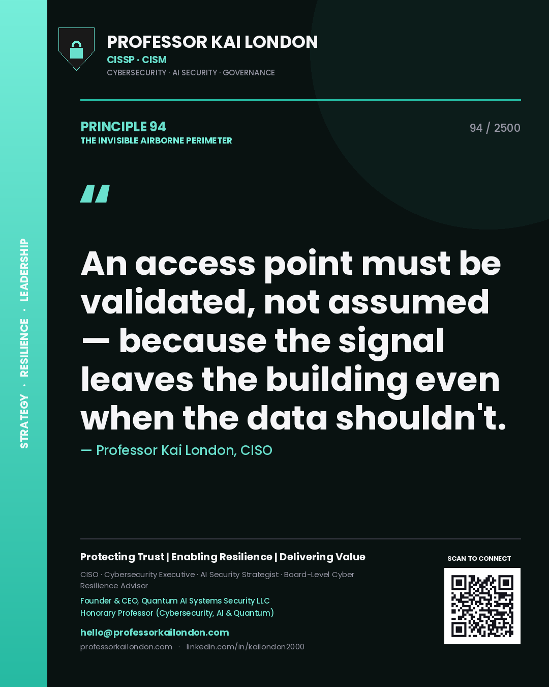 Professor Kai London principle 94: An access point must be validated, not assumed — because the signal leaves the building even when the data shouldn't.