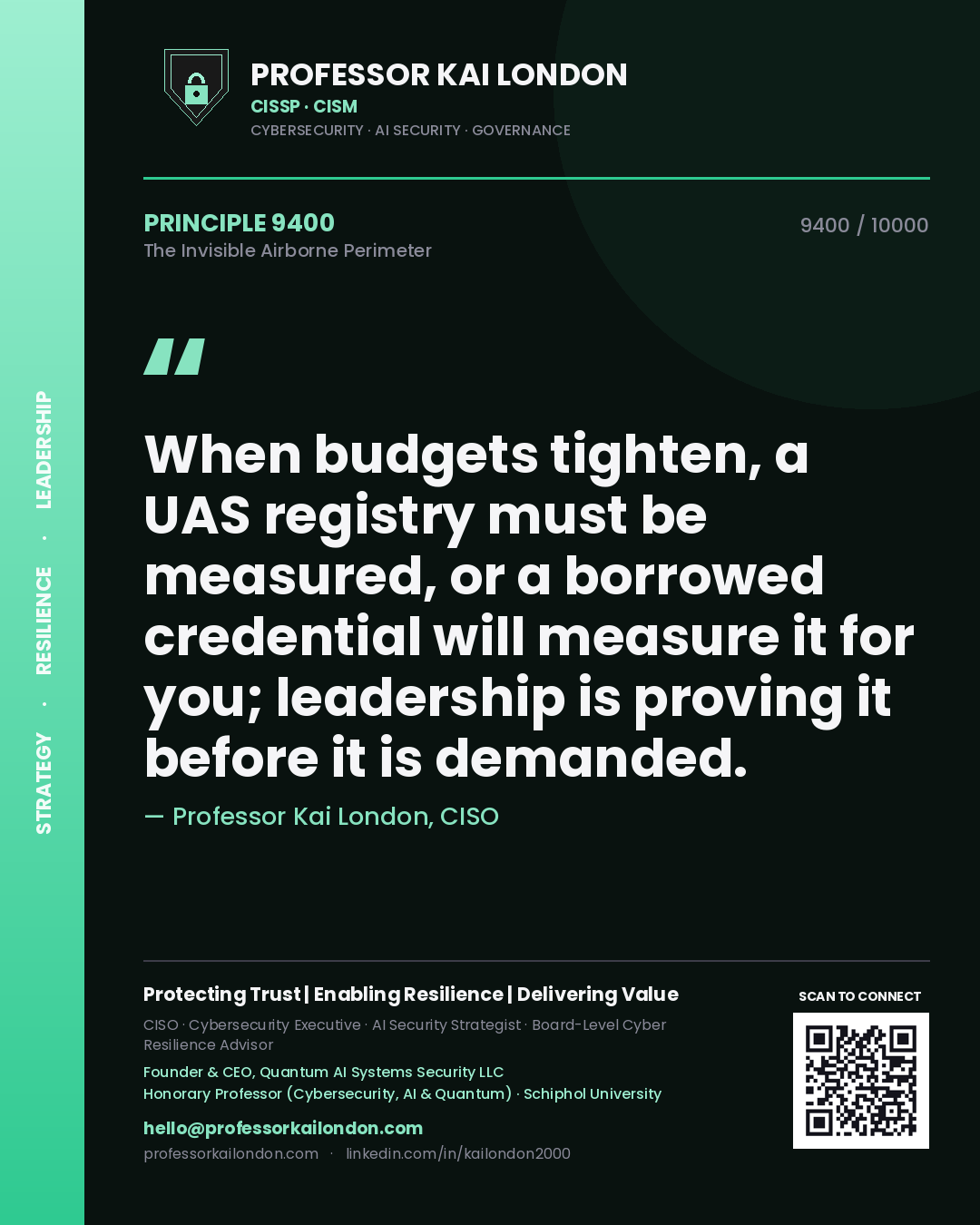 Professor Kai London principle 9400: When budgets tighten, a UAS registry must be measured, or a borrowed credential will measure it for you; leadership is proving it before it is demanded.