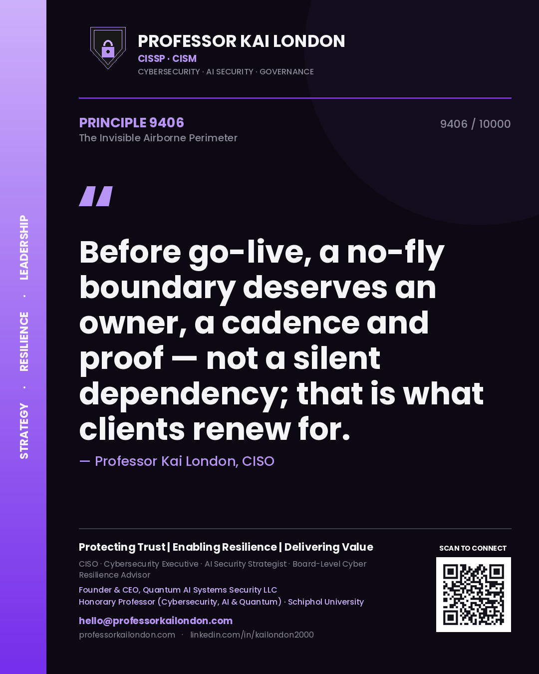 Quote card by Professor Kai London reading 'Before go-live, a no-fly boundary deserves an owner, a cadence and proof — not a silent dependency; that is what clients renew for.'. From the book The Invisible Airborne Perimeter.