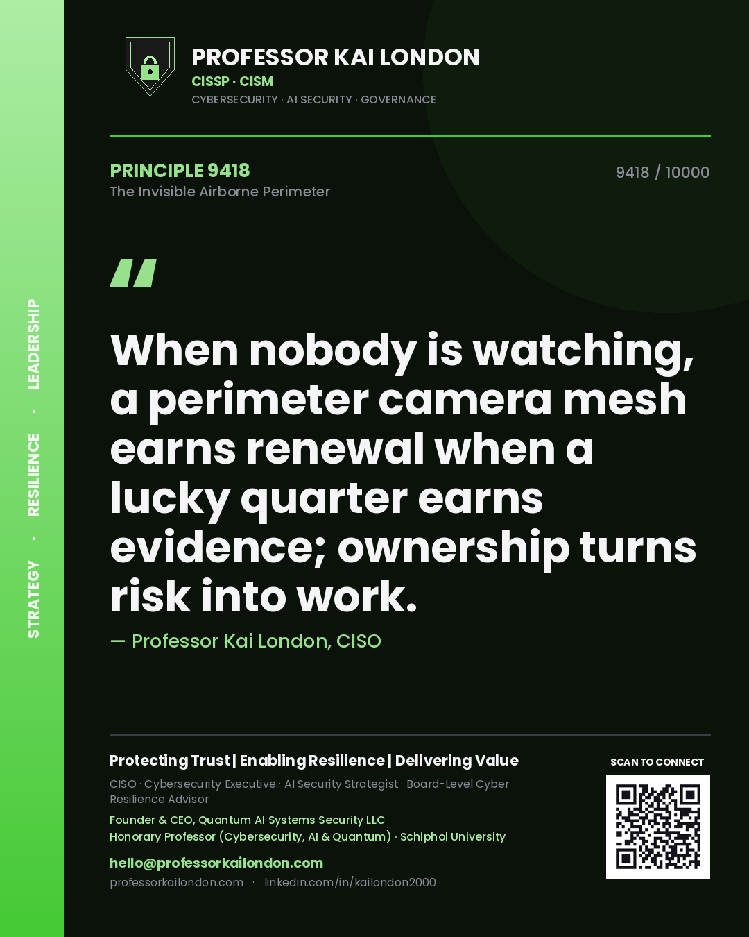 Professor Kai London principle 9418: When nobody is watching, a perimeter camera mesh earns renewal when a lucky quarter earns evidence; ownership turns risk into work.