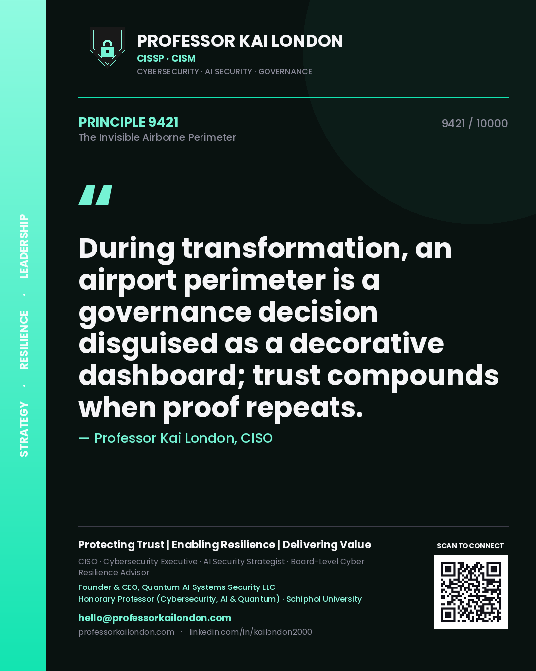 Quote card by Professor Kai London reading 'During transformation, an airport perimeter is a governance decision disguised as a decorative dashboard; trust compounds when proof repeats.'. From the book The Invisible Airborne Perimeter.