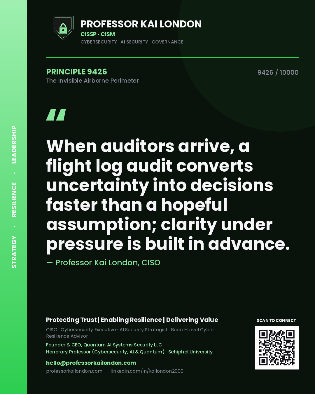 Quote card by Professor Kai London reading 'When auditors arrive, a flight log audit converts uncertainty into decisions faster than a hopeful assumption; clarity under pressure is built in advance.'. From the book The Invisible Airborne Perimeter.