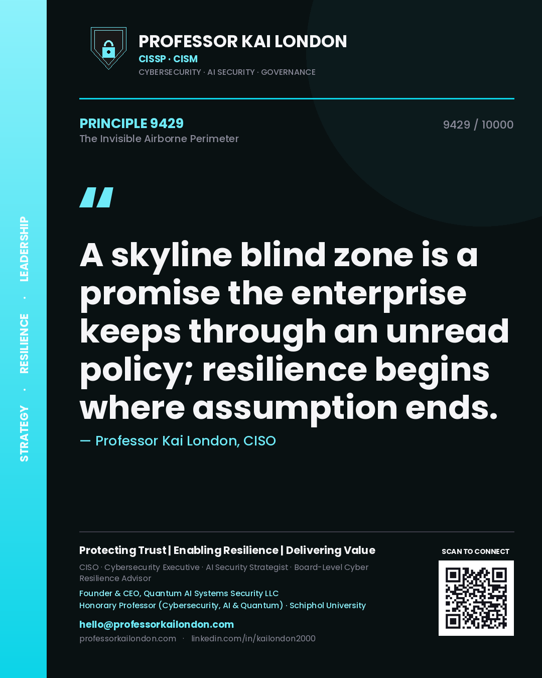 Professor Kai London principle 9429: A skyline blind zone is a promise the enterprise keeps through an unread policy; resilience begins where assumption ends.
