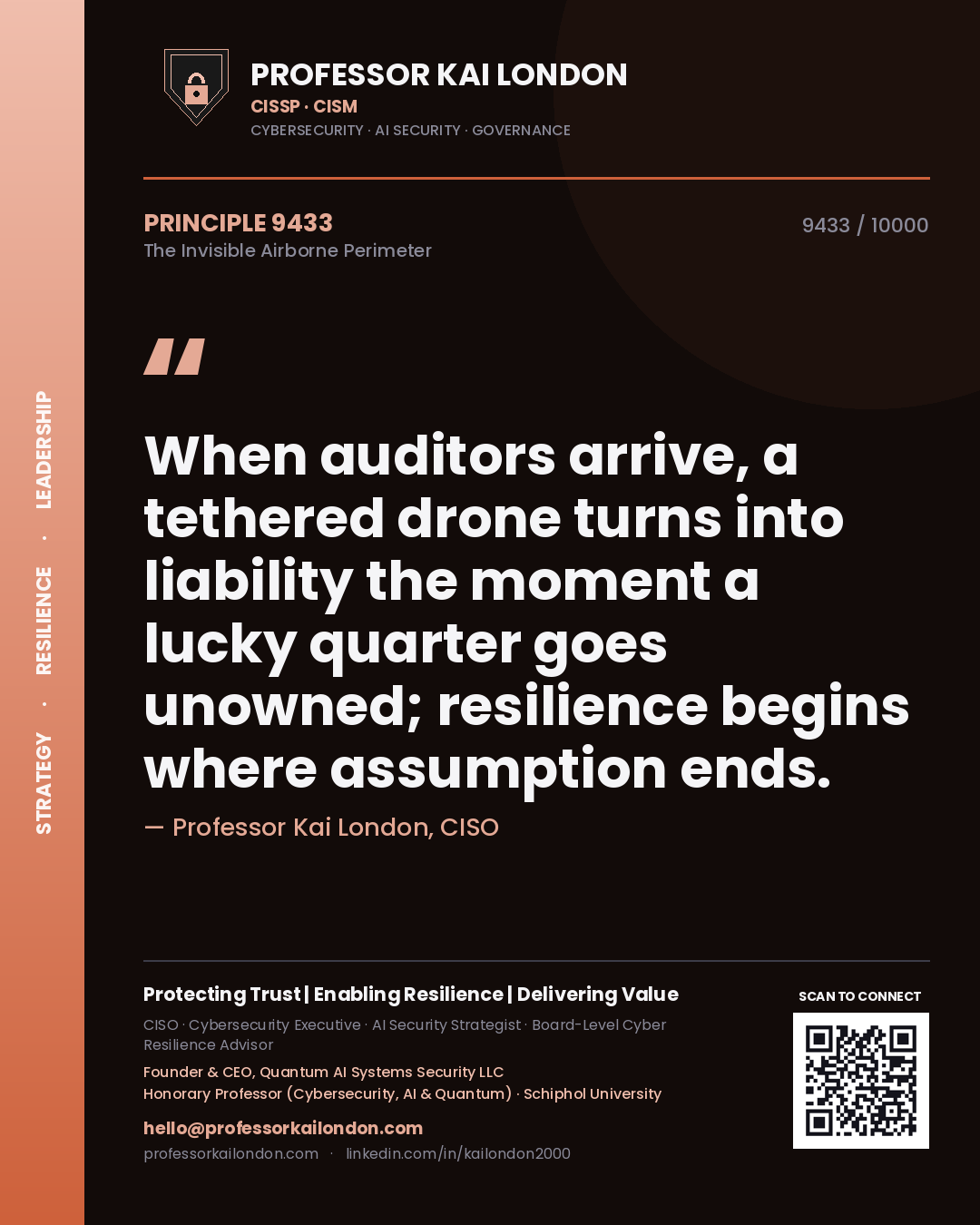 Professor Kai London principle 9433: When auditors arrive, a tethered drone turns into liability the moment a lucky quarter goes unowned; resilience begins where assumption ends.