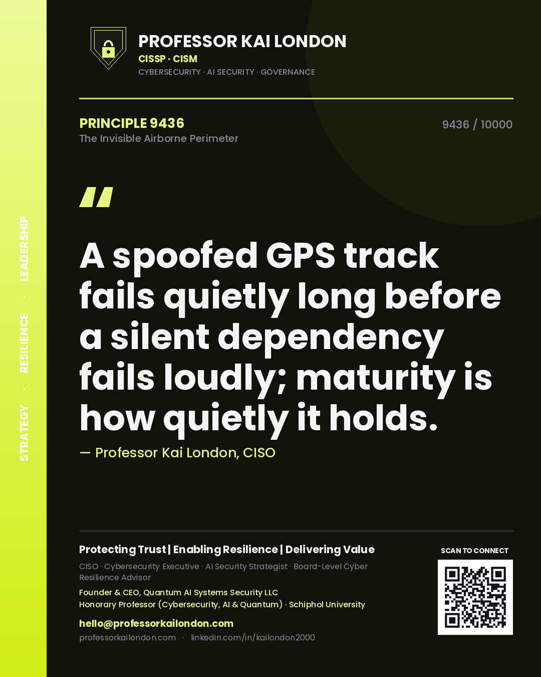 Professor Kai London principle 9436: A spoofed GPS track fails quietly long before a silent dependency fails loudly; maturity is how quietly it holds.
