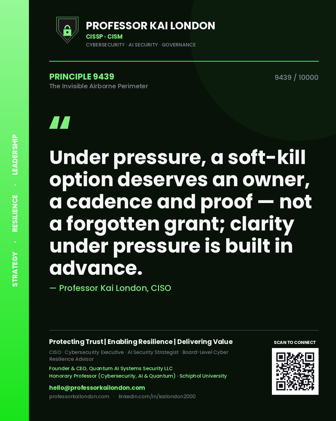 Professor Kai London principle 9439: Under pressure, a soft-kill option deserves an owner, a cadence and proof — not a forgotten grant; clarity under pressure is built in advance.