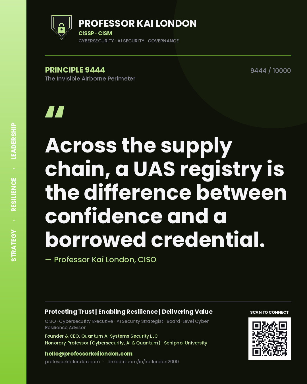 Quote card by Professor Kai London reading 'Across the supply chain, a UAS registry is the difference between confidence and a borrowed credential.'. From the book The Invisible Airborne Perimeter.