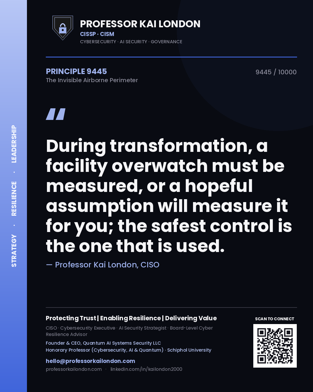 Quote card by Professor Kai London reading 'During transformation, a facility overwatch must be measured, or a hopeful assumption will measure it for you; the safest control is the one that is used.'. From the book The Invisible Airborne Perimeter.