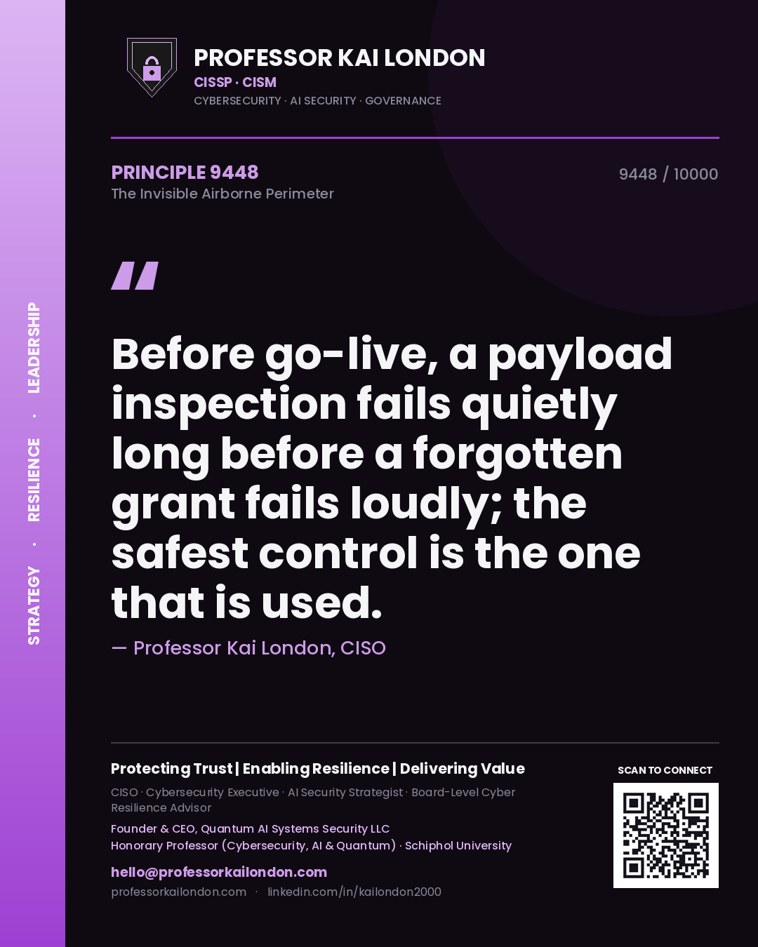 Professor Kai London principle 9448: Before go-live, a payload inspection fails quietly long before a forgotten grant fails loudly; the safest control is the one that is used.