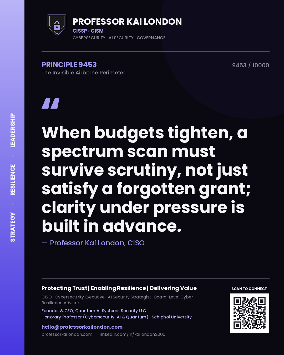 Quote card by Professor Kai London reading 'When budgets tighten, a spectrum scan must survive scrutiny, not just satisfy a forgotten grant; clarity under pressure is built in advance.'. From the book The Invisible Airborne Perimeter.