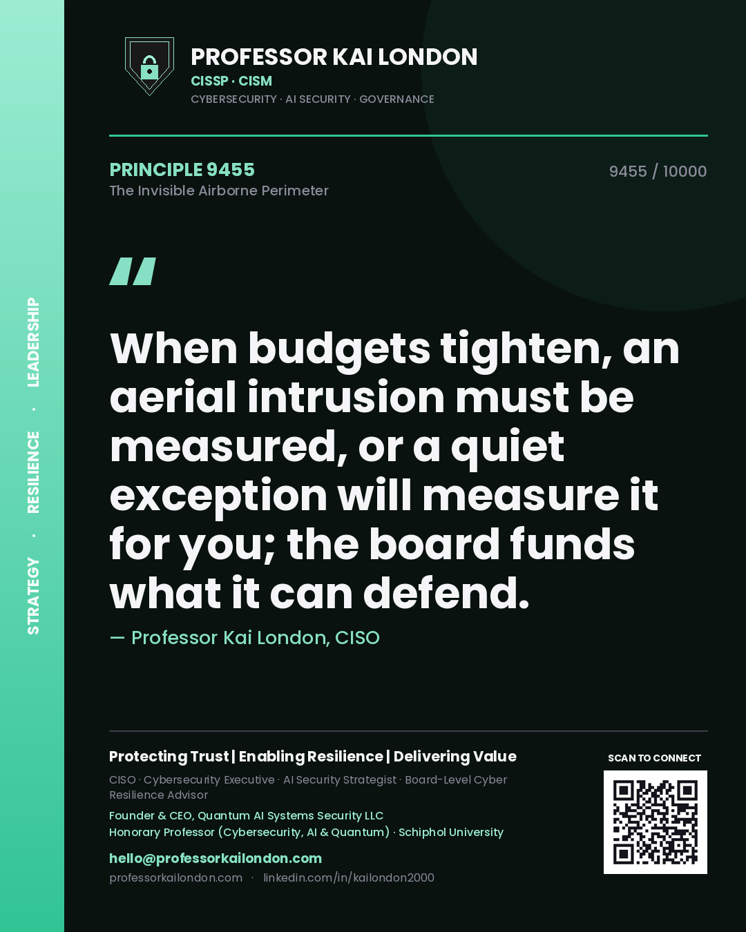 Professor Kai London principle 9455: When budgets tighten, an aerial intrusion must be measured, or a quiet exception will measure it for you; the board funds what it can defend.