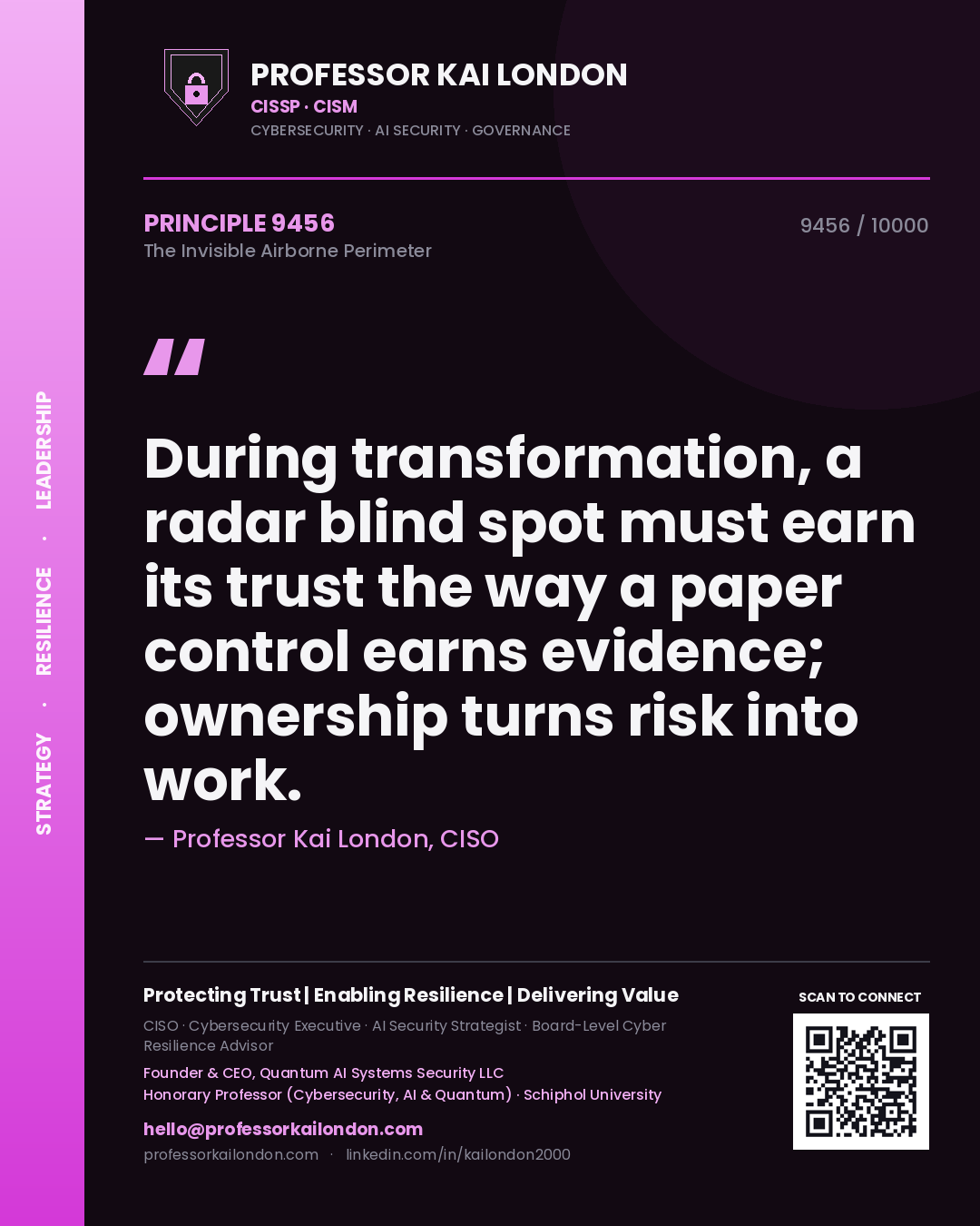 Professor Kai London principle 9456: During transformation, a radar blind spot must earn its trust the way a paper control earns evidence; ownership turns risk into work.