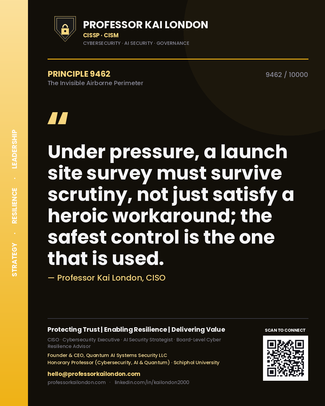 Professor Kai London principle 9462: Under pressure, a launch site survey must survive scrutiny, not just satisfy a heroic workaround; the safest control is the one that is used.