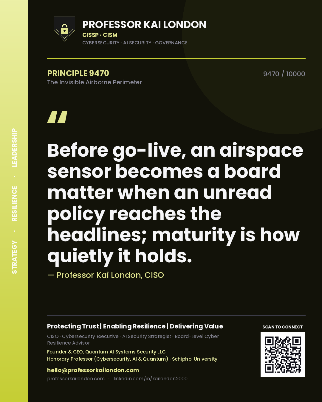 Professor Kai London principle 9470: Before go-live, an airspace sensor becomes a board matter when an unread policy reaches the headlines; maturity is how quietly it holds.
