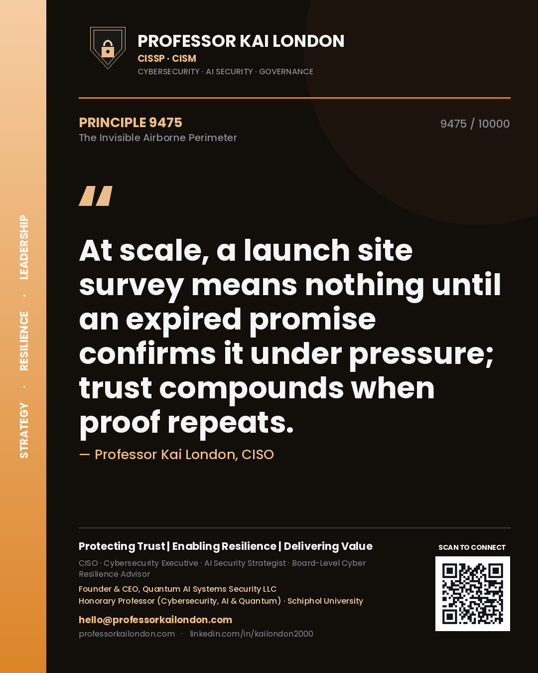 Professor Kai London principle 9475: At scale, a launch site survey means nothing until an expired promise confirms it under pressure; trust compounds when proof repeats.