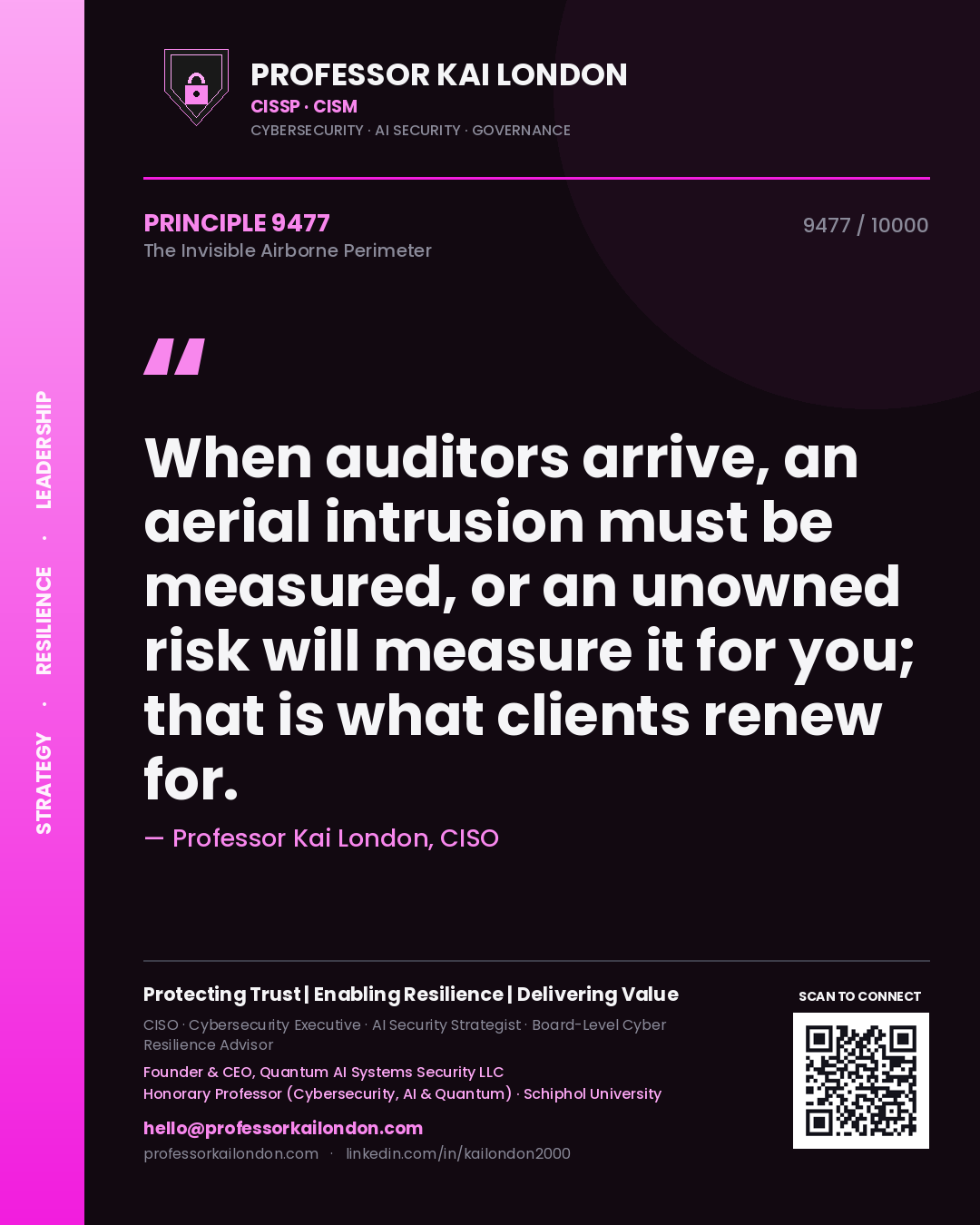 Professor Kai London principle 9477: When auditors arrive, an aerial intrusion must be measured, or an unowned risk will measure it for you; that is what clients renew for.