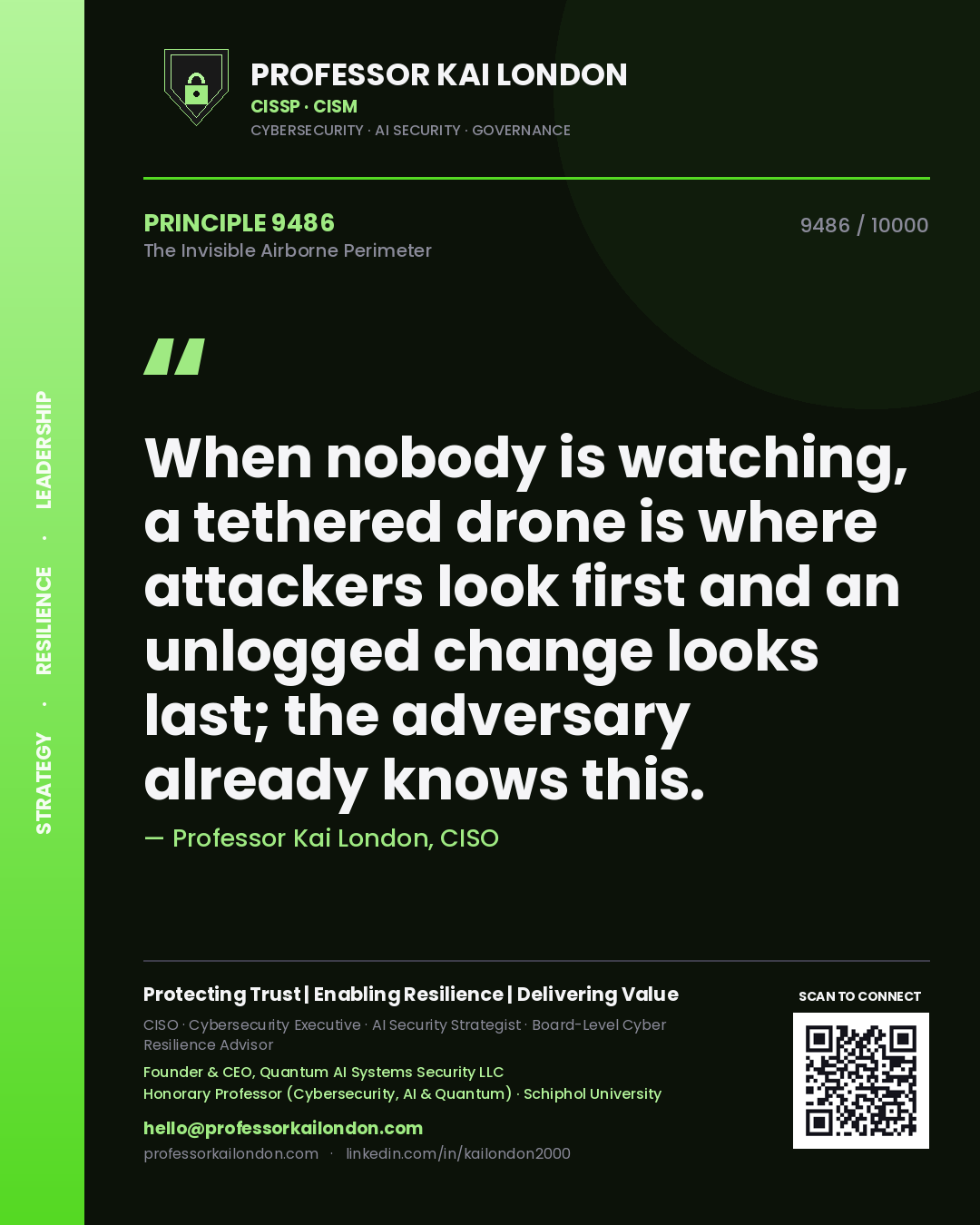 Professor Kai London principle 9486: When nobody is watching, a tethered drone is where attackers look first and an unlogged change looks last; the adversary already knows this.