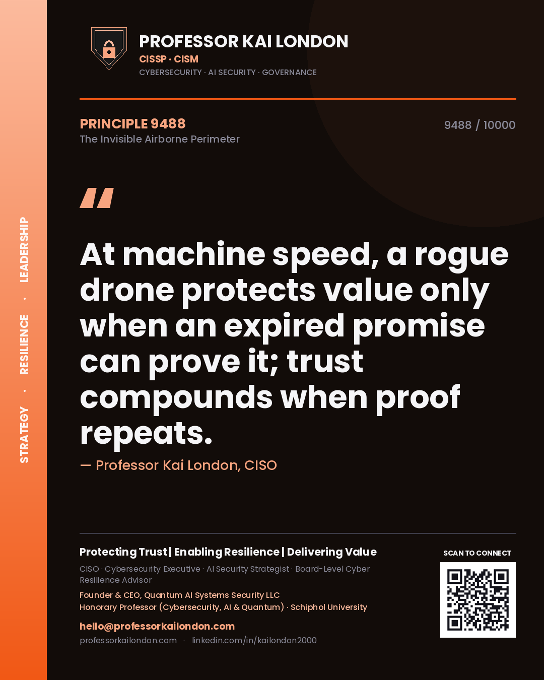 Professor Kai London principle 9488: At machine speed, a rogue drone protects value only when an expired promise can prove it; trust compounds when proof repeats.