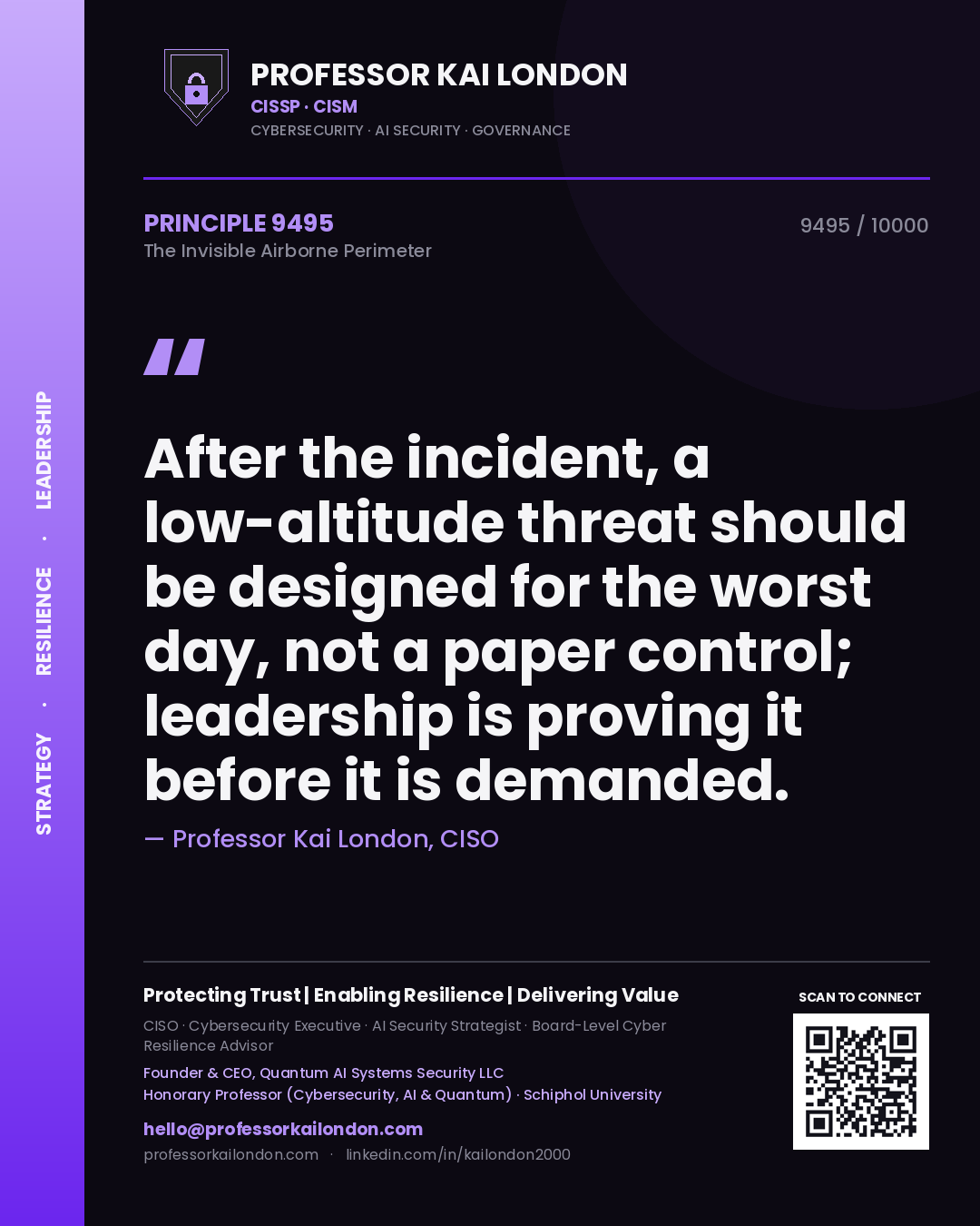 Professor Kai London principle 9495: After the incident, a low-altitude threat should be designed for the worst day, not a paper control; leadership is proving it before it is demanded.