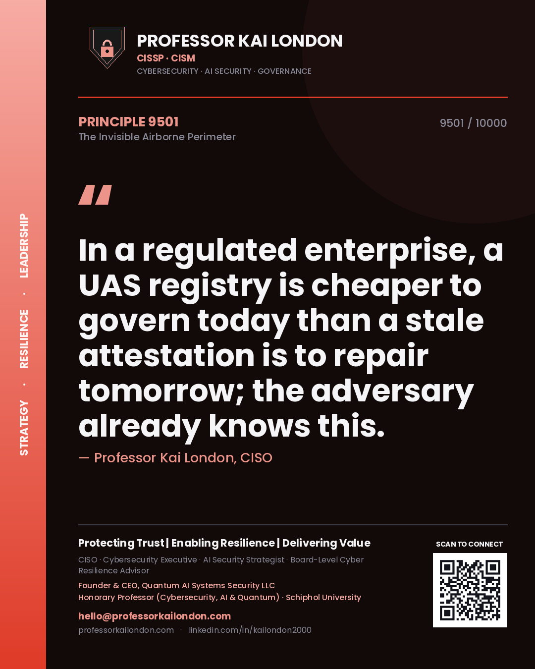 Quote card by Professor Kai London reading 'In a regulated enterprise, a UAS registry is cheaper to govern today than a stale attestation is to repair tomorrow; the adversary already knows this.'. From the book The Invisible Airborne Perimeter.