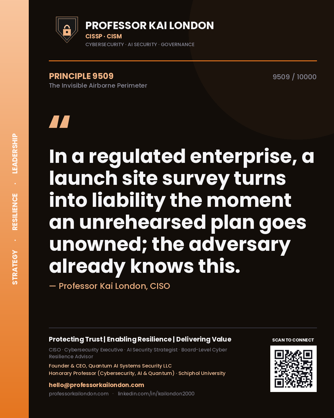 Professor Kai London principle 9509: In a regulated enterprise, a launch site survey turns into liability the moment an unrehearsed plan goes unowned; the adversary already knows this.