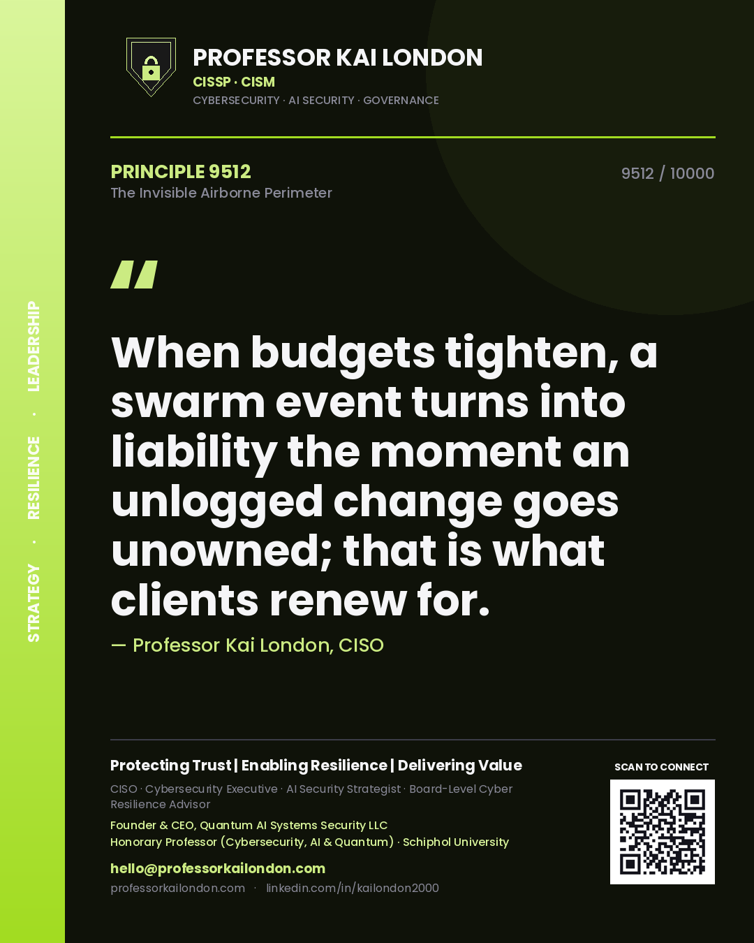 Professor Kai London principle 9512: When budgets tighten, a swarm event turns into liability the moment an unlogged change goes unowned; that is what clients renew for.