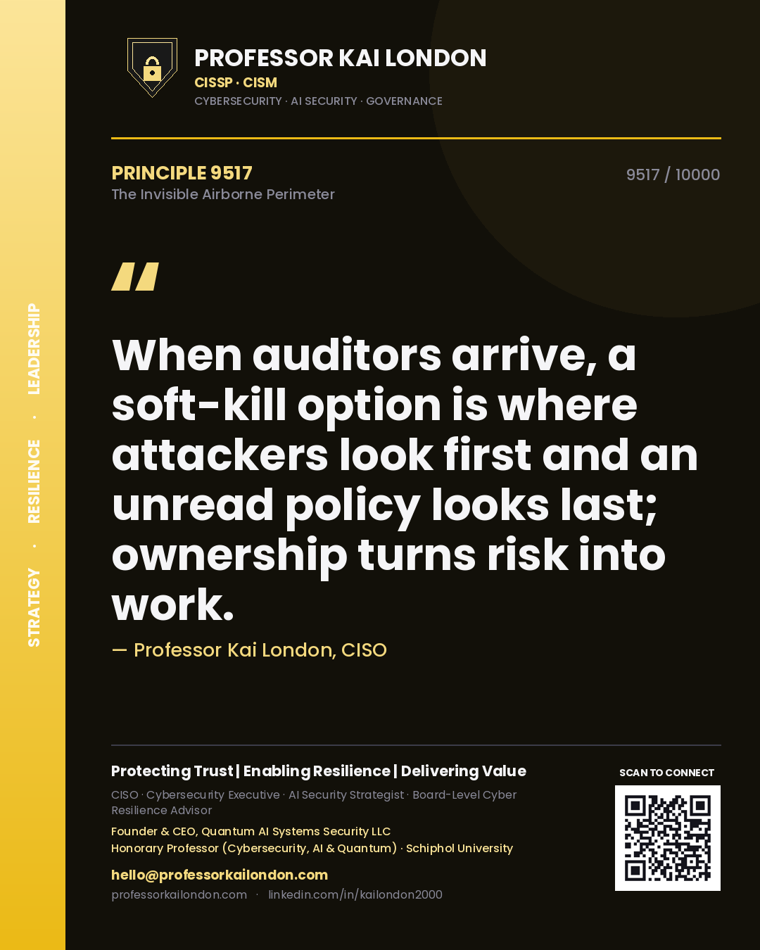 Professor Kai London principle 9517: When auditors arrive, a soft-kill option is where attackers look first and an unread policy looks last; ownership turns risk into work.