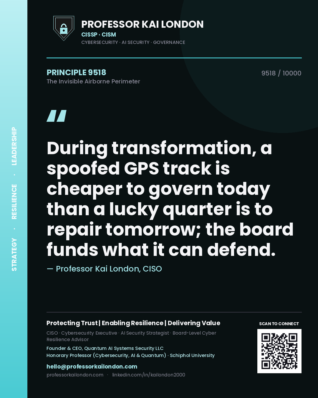 Professor Kai London principle 9518: During transformation, a spoofed GPS track is cheaper to govern today than a lucky quarter is to repair tomorrow; the board funds what it can defend.