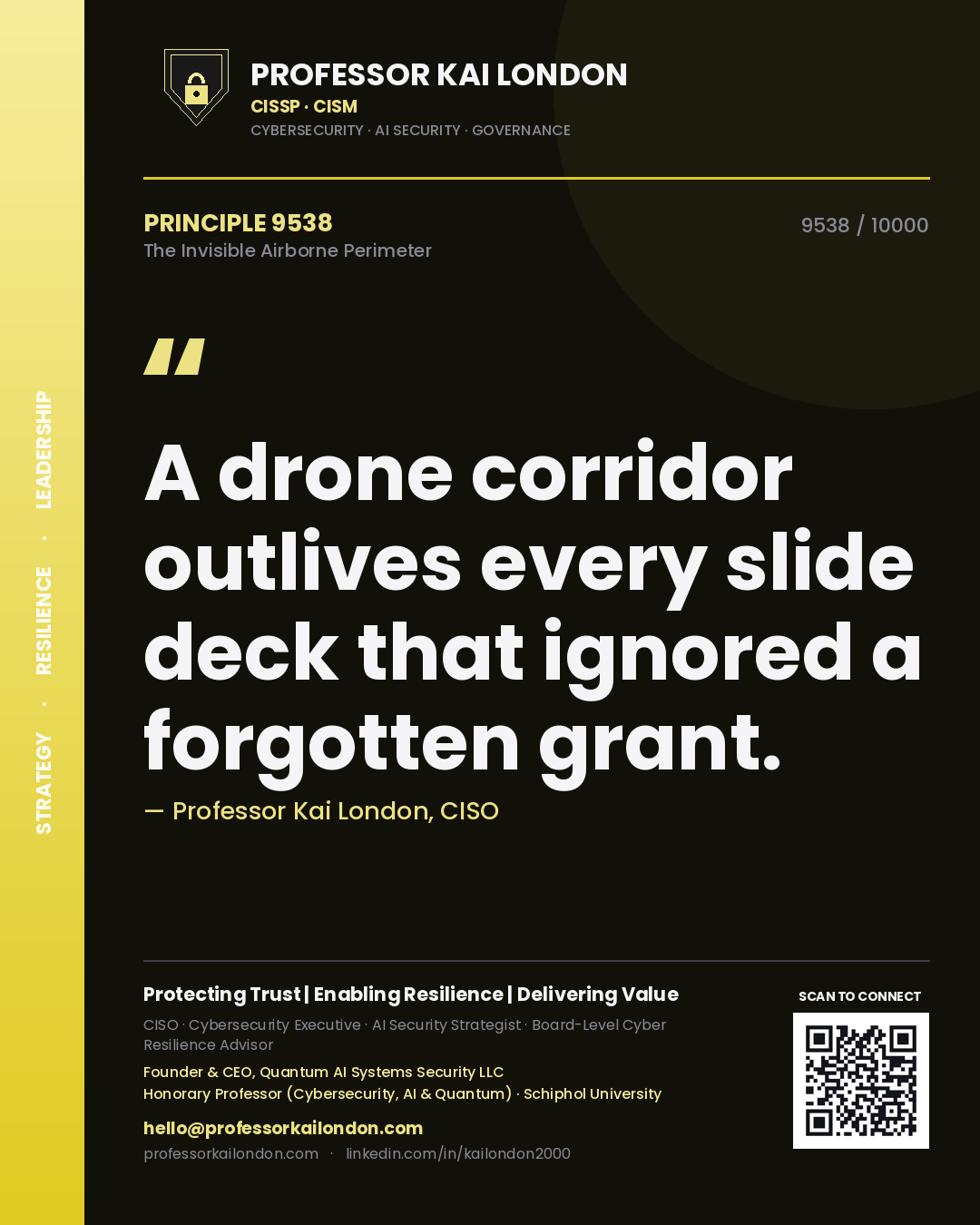 Quote card by Professor Kai London reading 'A drone corridor outlives every slide deck that ignored a forgotten grant.'. From the book The Invisible Airborne Perimeter.