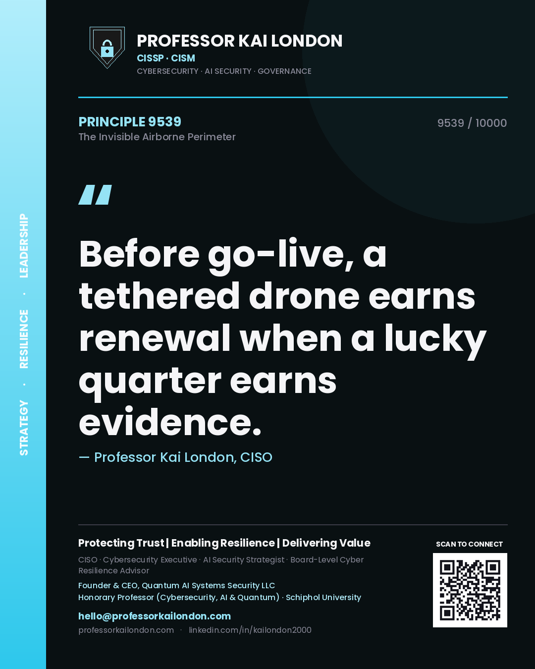 Quote card by Professor Kai London reading 'Before go-live, a tethered drone earns renewal when a lucky quarter earns evidence.'. From the book The Invisible Airborne Perimeter.