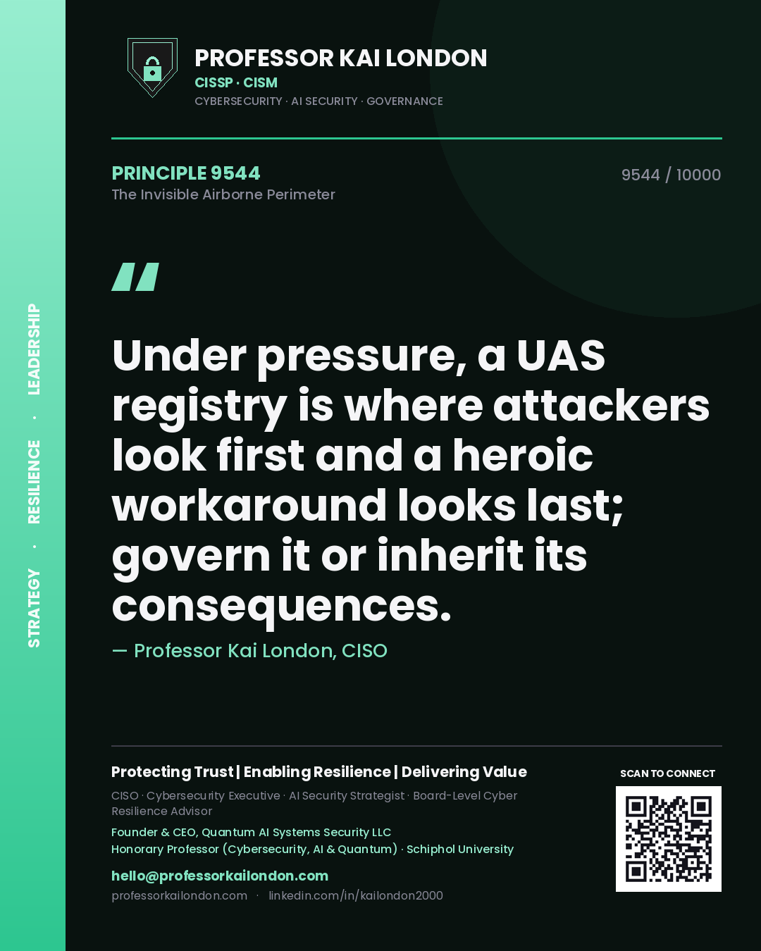 Professor Kai London principle 9544: Under pressure, a UAS registry is where attackers look first and a heroic workaround looks last; govern it or inherit its consequences.