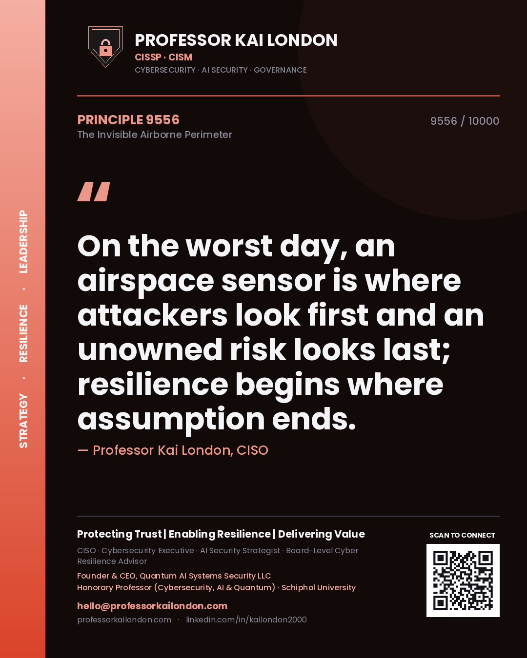 Professor Kai London principle 9556: On the worst day, an airspace sensor is where attackers look first and an unowned risk looks last; resilience begins where assumption ends.