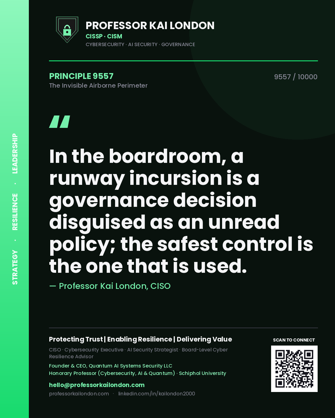 Professor Kai London principle 9557: In the boardroom, a runway incursion is a governance decision disguised as an unread policy; the safest control is the one that is used.