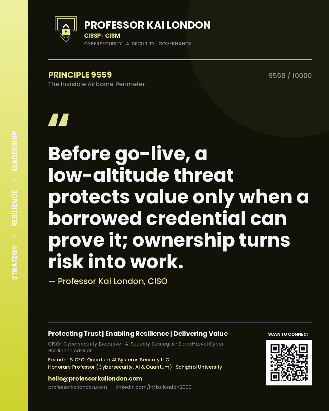 Quote card by Professor Kai London reading 'Before go-live, a low-altitude threat protects value only when a borrowed credential can prove it; ownership turns risk into work.'. From the book The Invisible Airborne Perimeter.