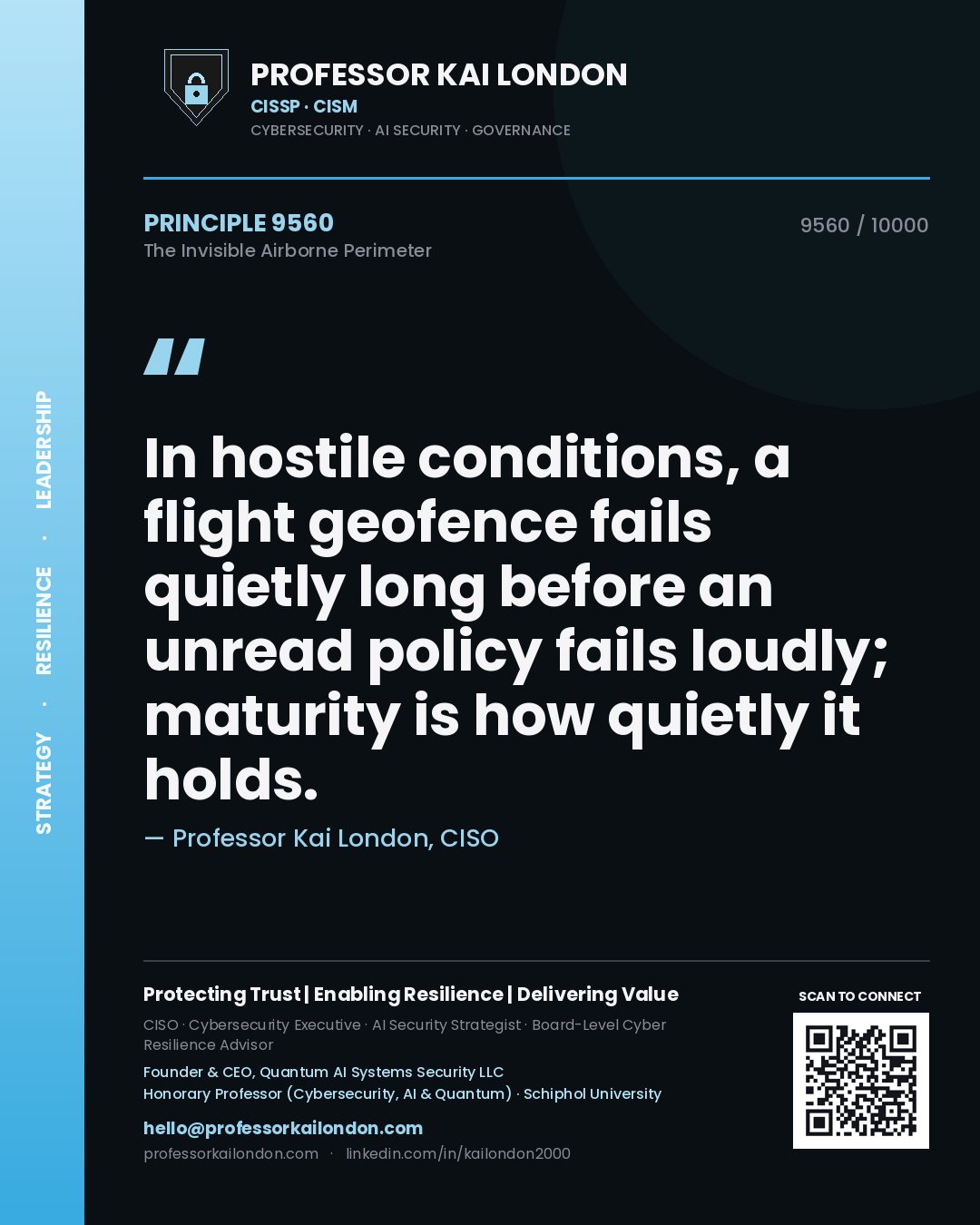 Professor Kai London principle 9560: In hostile conditions, a flight geofence fails quietly long before an unread policy fails loudly; maturity is how quietly it holds.