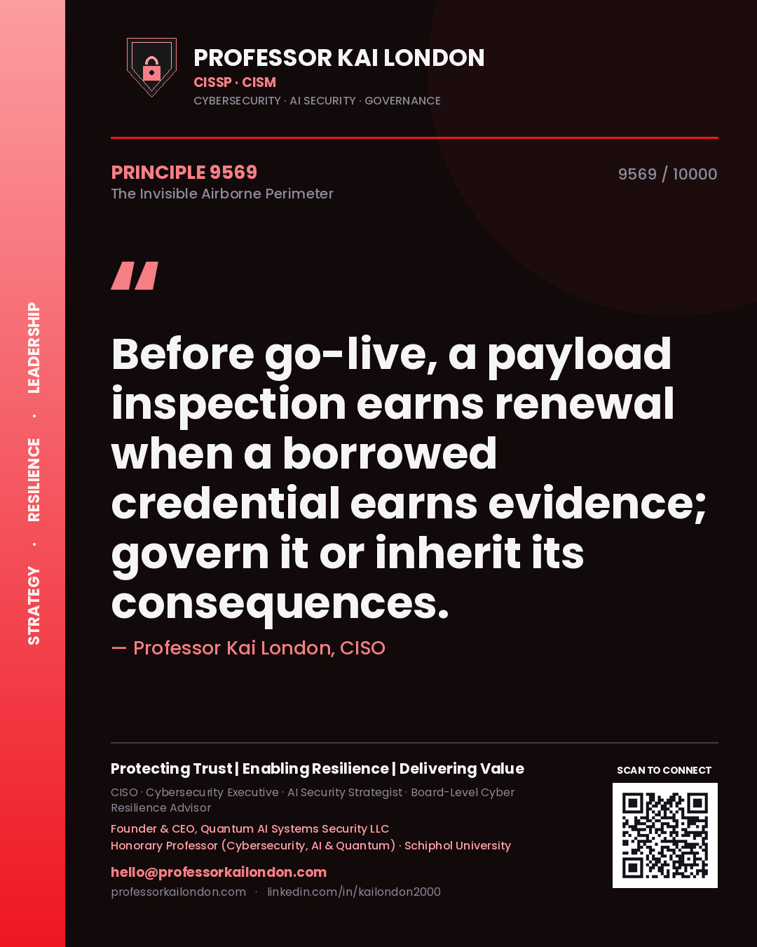 Quote card by Professor Kai London reading 'Before go-live, a payload inspection earns renewal when a borrowed credential earns evidence; govern it or inherit its consequences.'. From the book The Invisible Airborne Perimeter.