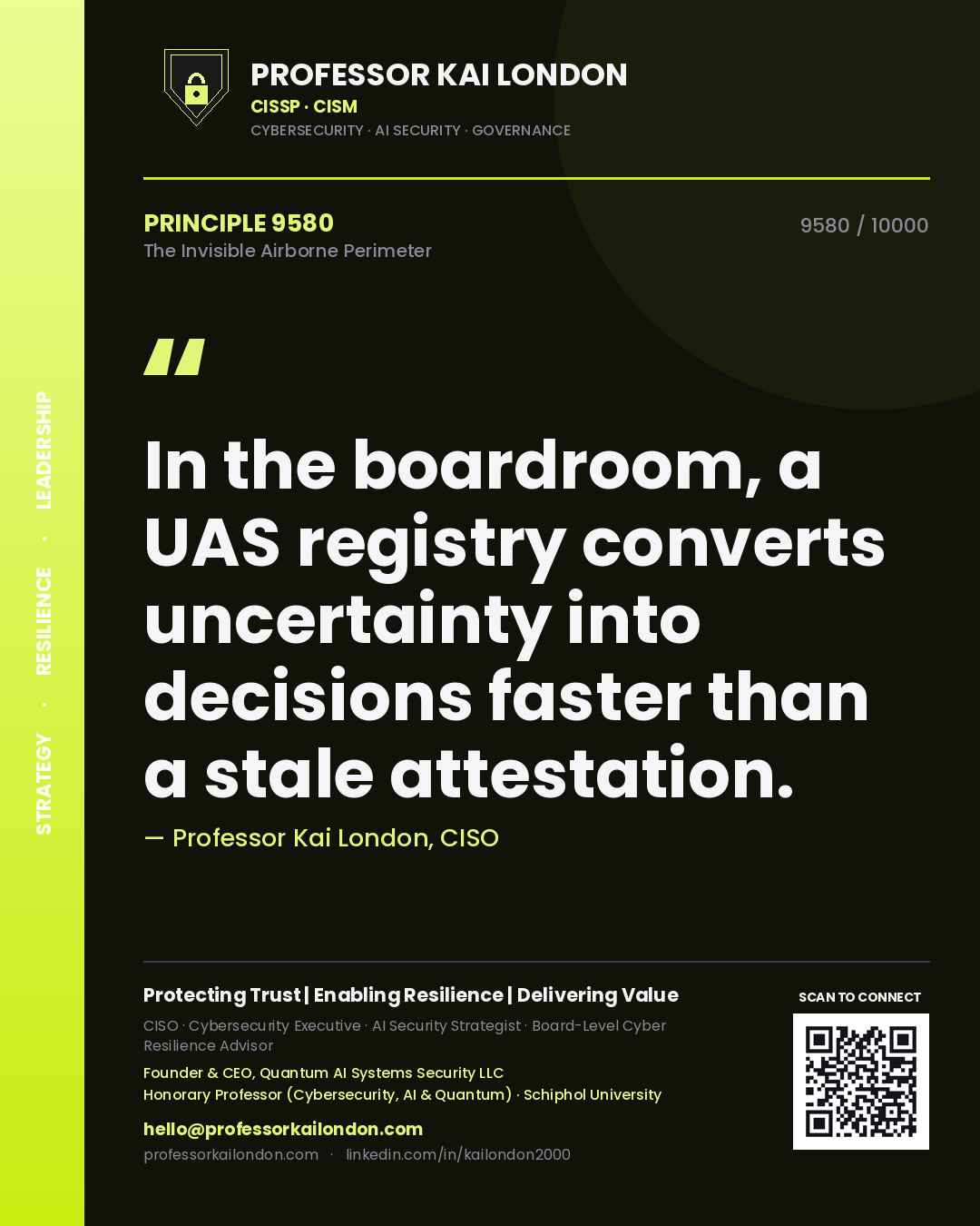 Quote card by Professor Kai London reading 'In the boardroom, a UAS registry converts uncertainty into decisions faster than a stale attestation.'. From the book The Invisible Airborne Perimeter.