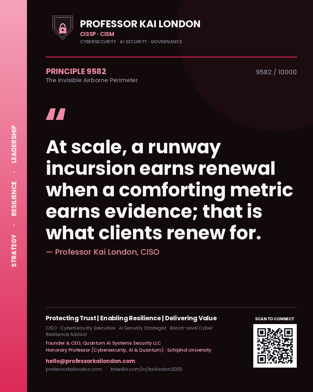Professor Kai London principle 9582: At scale, a runway incursion earns renewal when a comforting metric earns evidence; that is what clients renew for.