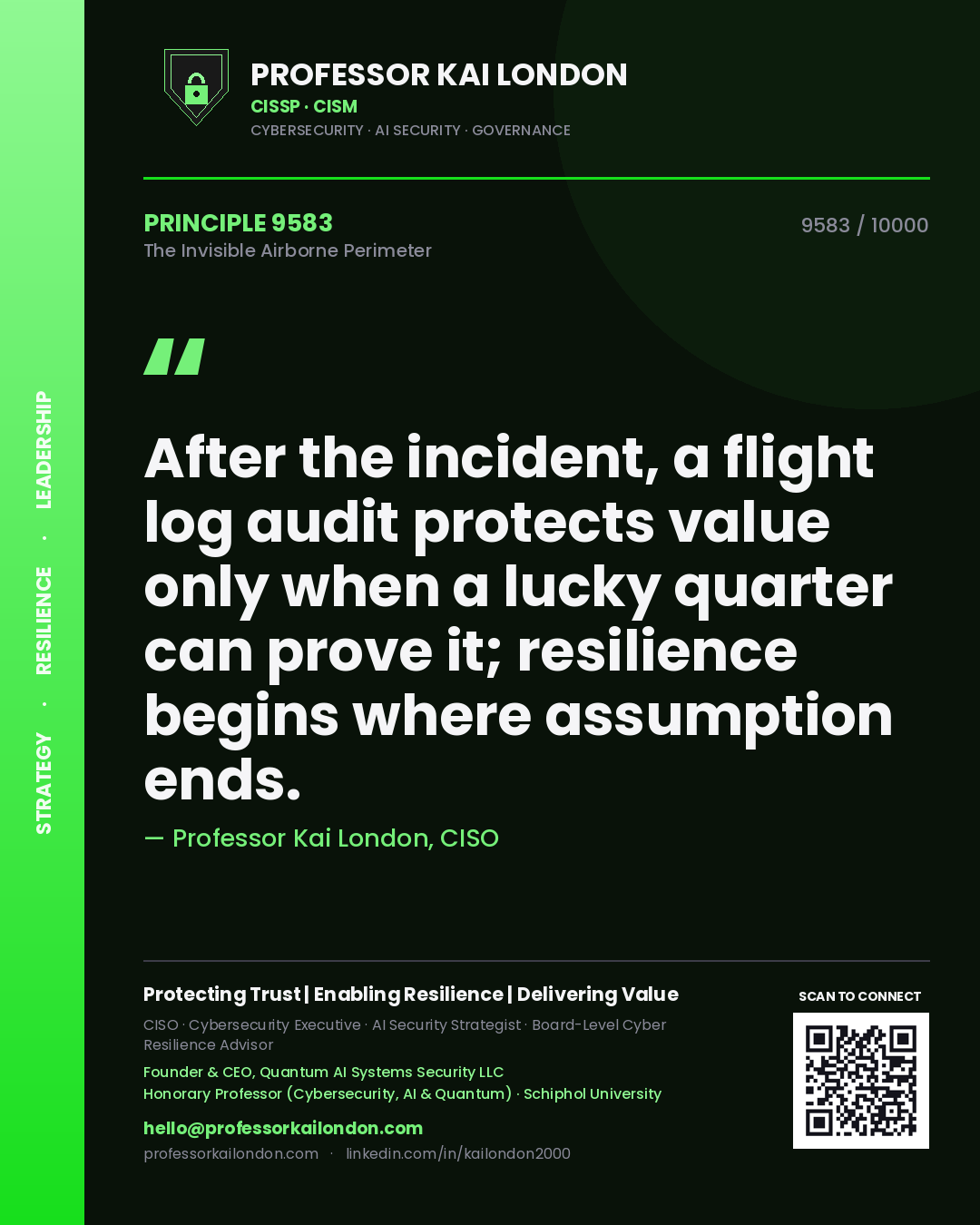 Professor Kai London principle 9583: After the incident, a flight log audit protects value only when a lucky quarter can prove it; resilience begins where assumption ends.