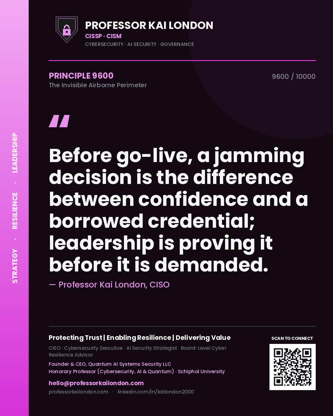 Professor Kai London principle 9600: Before go-live, a jamming decision is the difference between confidence and a borrowed credential; leadership is proving it before it is demanded.