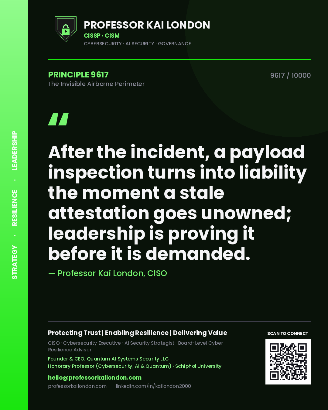 Professor Kai London principle 9617: After the incident, a payload inspection turns into liability the moment a stale attestation goes unowned; leadership is proving it before it is demanded.