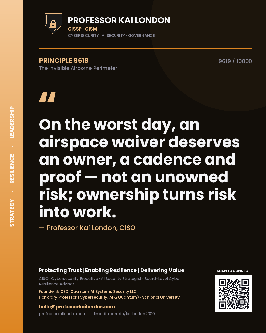 Professor Kai London principle 9619: On the worst day, an airspace waiver deserves an owner, a cadence and proof — not an unowned risk; ownership turns risk into work.