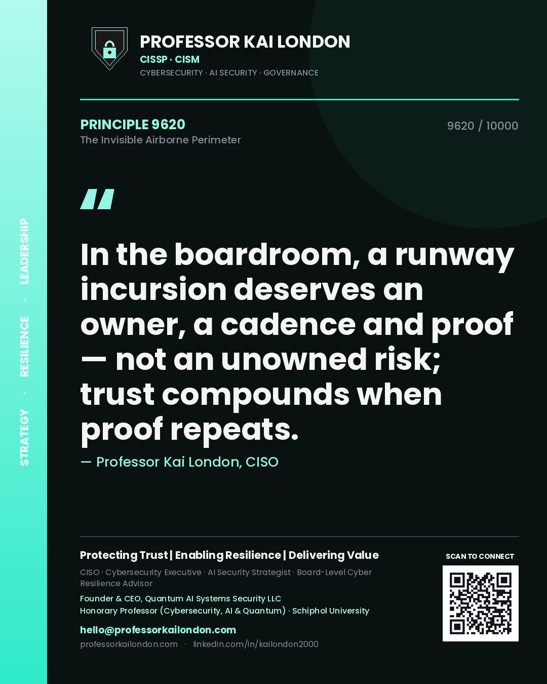 Professor Kai London principle 9620: In the boardroom, a runway incursion deserves an owner, a cadence and proof — not an unowned risk; trust compounds when proof repeats.
