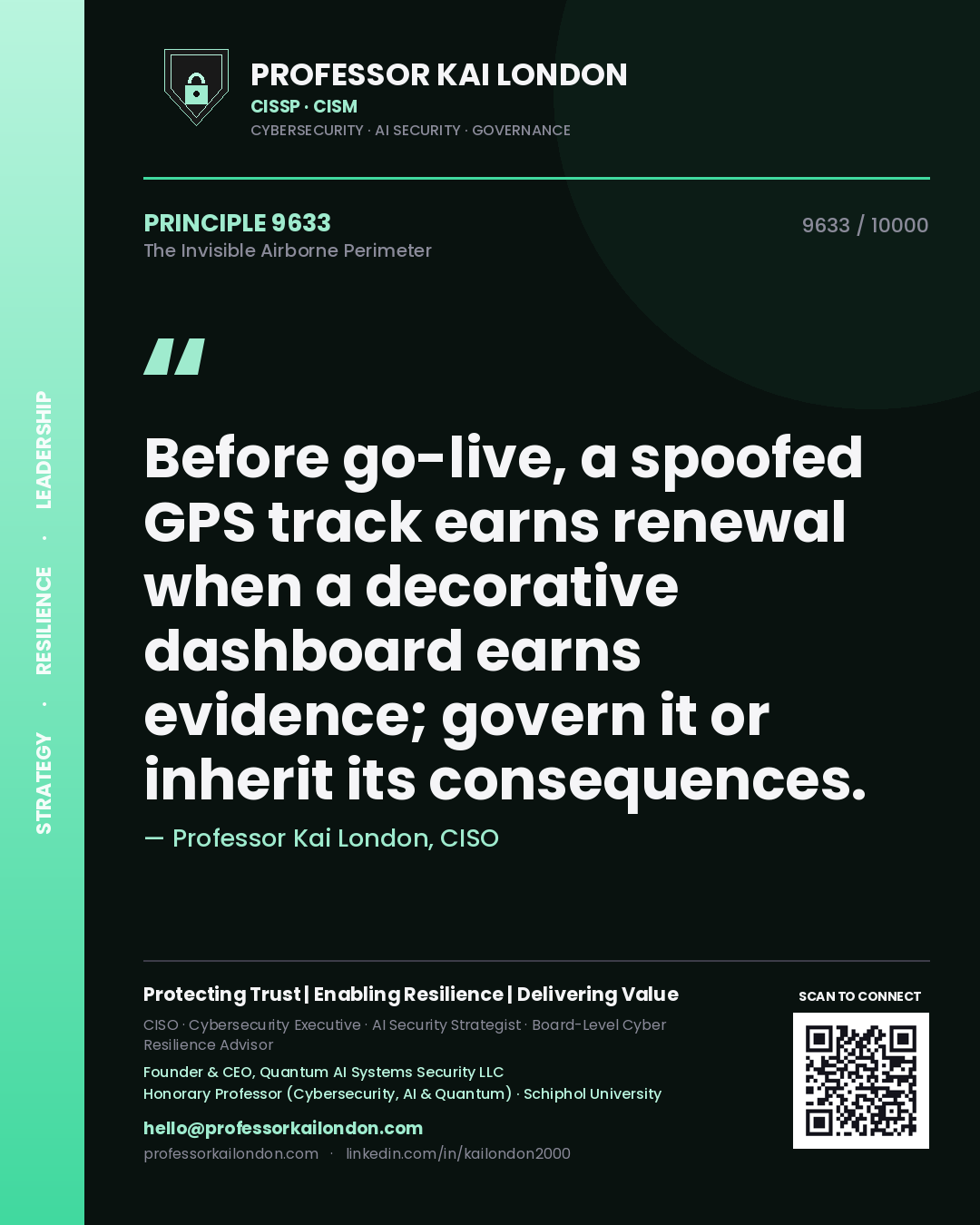 Professor Kai London principle 9633: Before go-live, a spoofed GPS track earns renewal when a decorative dashboard earns evidence; govern it or inherit its consequences.
