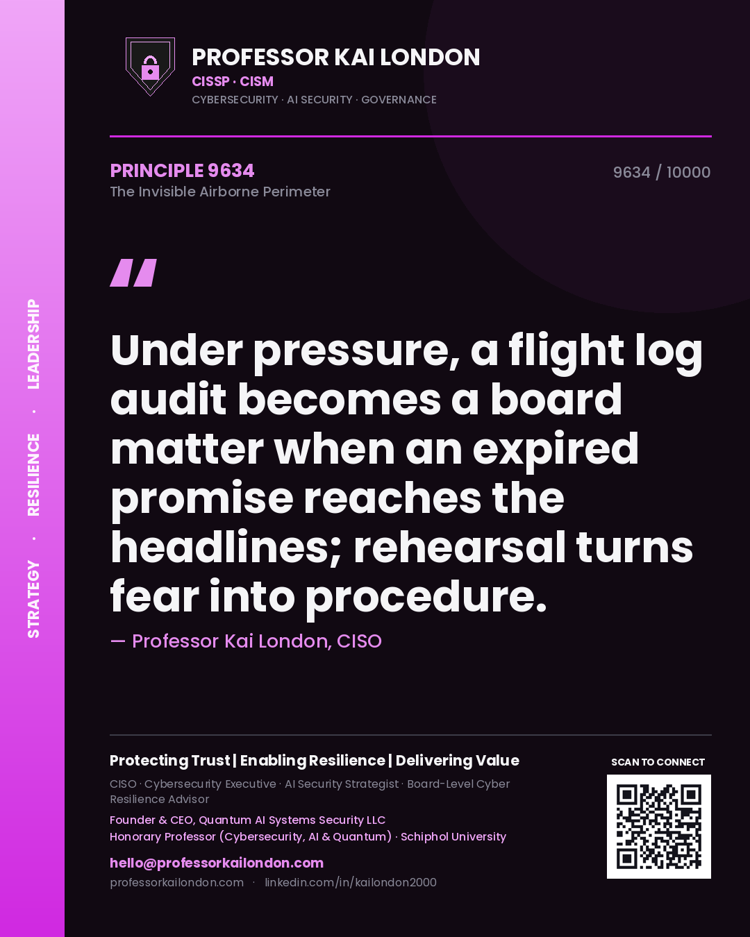Professor Kai London principle 9634: Under pressure, a flight log audit becomes a board matter when an expired promise reaches the headlines; rehearsal turns fear into procedure.